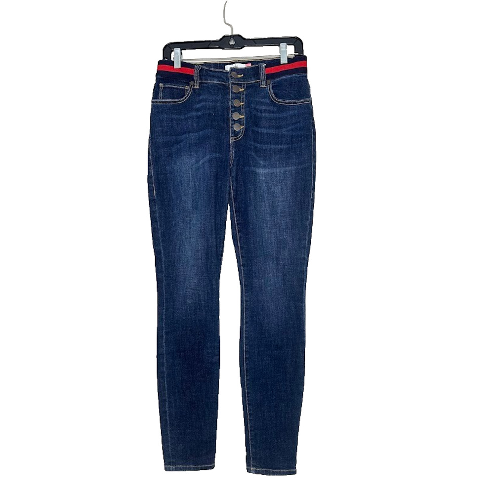 CAbi Size 6 Button Fly Skinny Jeans Style 3751 Spandex‎ Stretch Belted Dark Wash